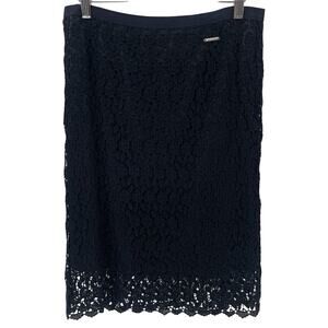 Marella Floral Lace Overlay Navy 100% Viscose Elegant Luxury Pencil Skirt Size 8